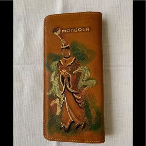 Mongolia brown leather wallet, size 3.5x7.5 in